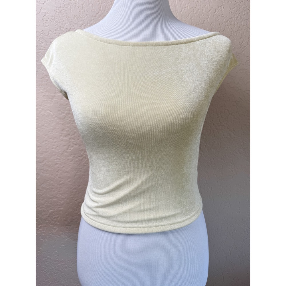 Edikted Butter Yellow Boat Neck Fitted Crop Top Baby Tee Women's Small